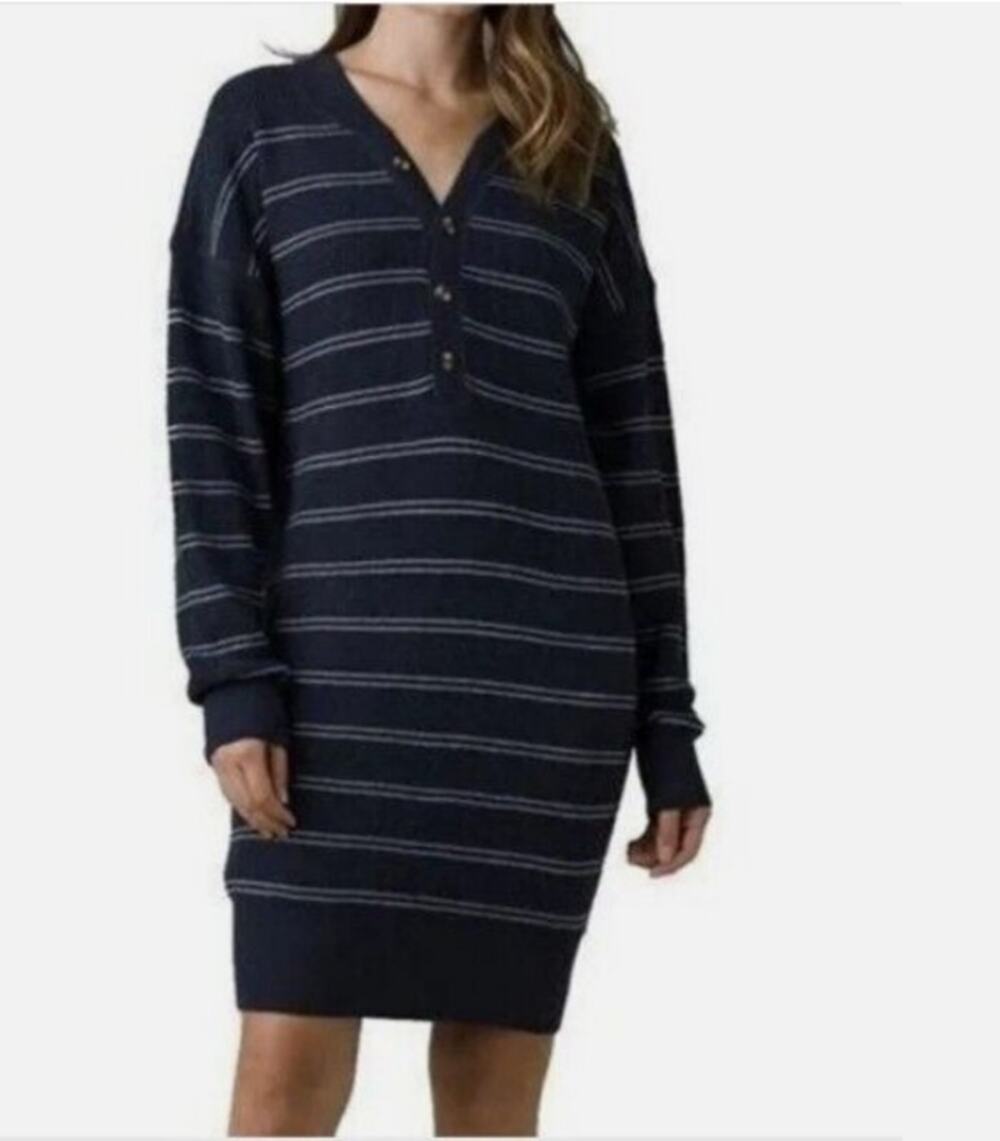 PRANA NWT Milani Long Sleeve Henley Sweater Dress in Navy Nautical Stripe // M